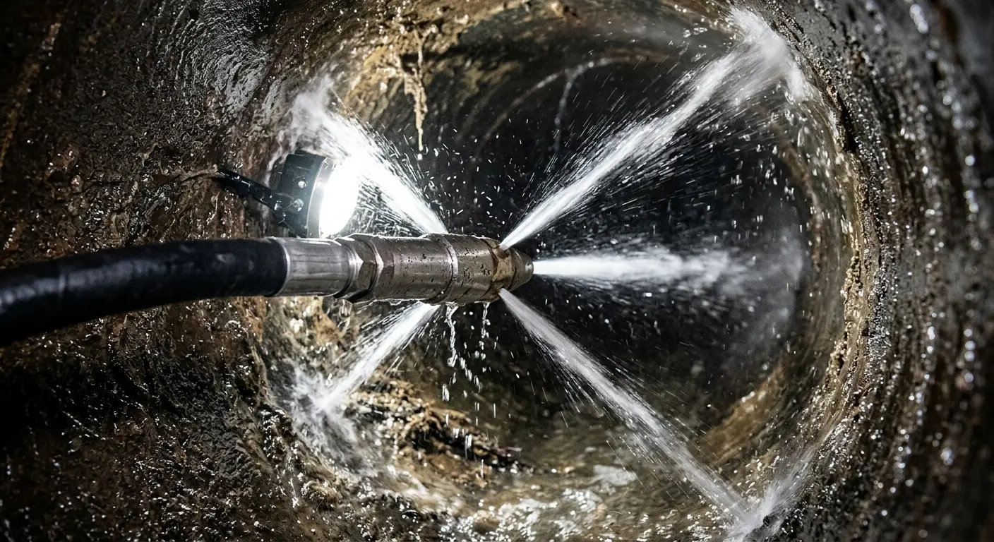 High-pressure hydro jetting nozzle cleaning sewer pipe for Storm Drain Cleaning in Romulus