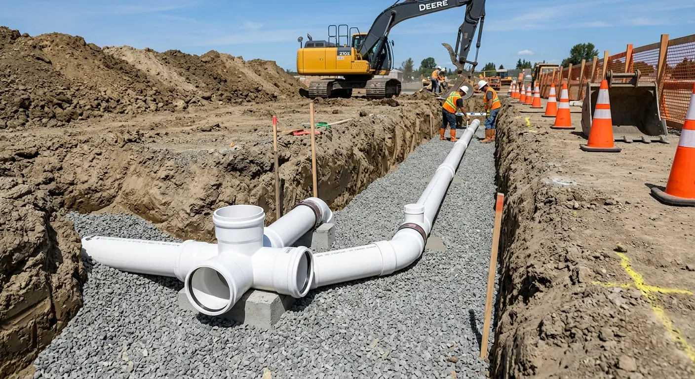 New PVC sewer pipe installation in open trench for Grease Trap Cleaning in Romulus