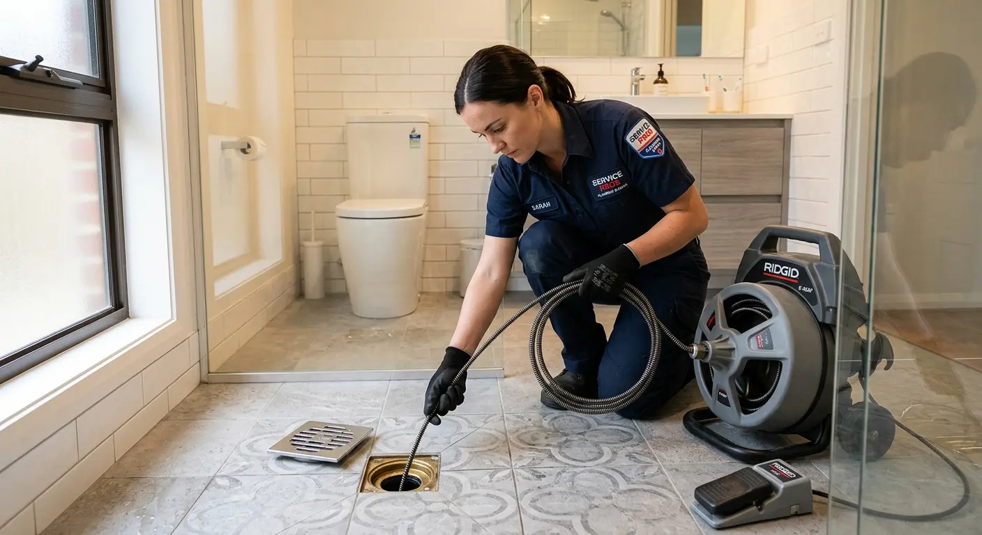Technician clearing a bathroom floor drain for Sewer Line Installation in Romulus